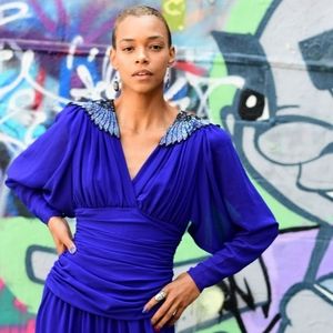 80s blue chiffon jumpsuit with beaded shoulders